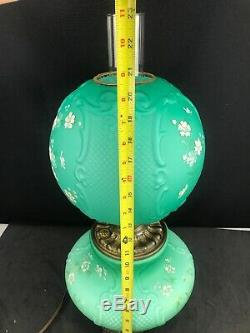 Antique Banquet Oil Lamp Green Teal Satin Cased Glass GWTW Consolidated Fishnet