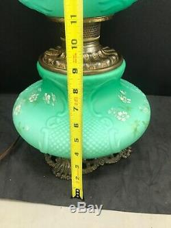 Antique Banquet Oil Lamp Green Teal Satin Cased Glass GWTW Consolidated Fishnet