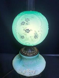 Antique Banquet Oil Lamp Green Teal Satin Cased Glass GWTW Consolidated Fishnet