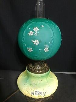 Antique Banquet Oil Lamp Green Teal Satin Cased Glass GWTW Consolidated Fishnet