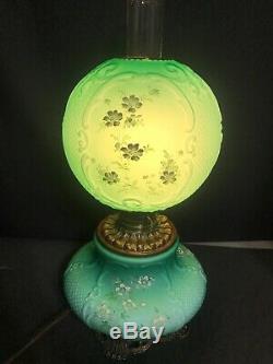 Antique Banquet Oil Lamp Green Teal Satin Cased Glass GWTW Consolidated Fishnet