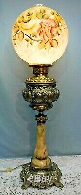 Antique Banquet Parlor Oil Lamp Marble Metal Hand Painted Round Globe Electric