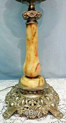 Antique Banquet Parlor Oil Lamp Marble Metal Hand Painted Round Globe Electric