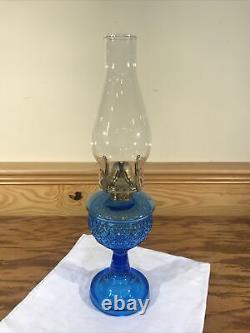 Antique Beaded Diamond Band Blue Glass Kerosene Oil Stand Lamp THURO 1 p 203