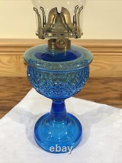 Antique Beaded Diamond Band Blue Glass Kerosene Oil Stand Lamp THURO 1 p 203