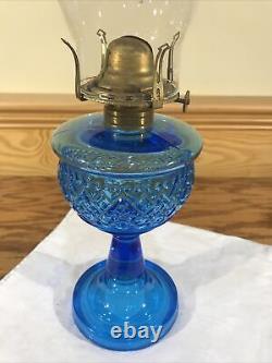 Antique Beaded Diamond Band Blue Glass Kerosene Oil Stand Lamp THURO 1 p 203