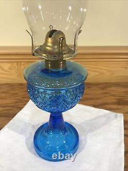 Antique Beaded Diamond Band Blue Glass Kerosene Oil Stand Lamp THURO 1 p 203