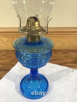 Antique Beaded Diamond Band Blue Glass Kerosene Oil Stand Lamp THURO 1 p 203