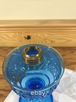 Antique Beaded Diamond Band Blue Glass Kerosene Oil Stand Lamp THURO 1 p 203