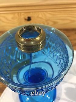 Antique Beaded Diamond Band Blue Glass Kerosene Oil Stand Lamp THURO 1 p 203