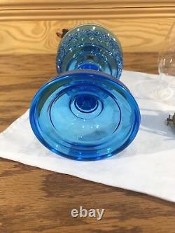 Antique Beaded Diamond Band Blue Glass Kerosene Oil Stand Lamp THURO 1 p 203