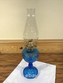 Antique Beaded Diamond Band Blue Glass Kerosene Oil Stand Lamp THURO 1 p 203