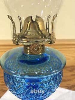 Antique Beaded Diamond Band Blue Glass Kerosene Oil Stand Lamp THURO 1 p 203