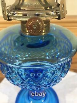 Antique Beaded Diamond Band Blue Glass Kerosene Oil Stand Lamp THURO 1 p 203