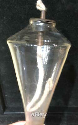 Antique Blown Font Glass Whale Oil Lamp, Drop Tube Burner, Stepped Base, c. 1825