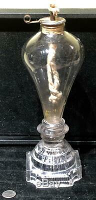 Antique Blown Font Glass Whale Oil Lamp, Drop Tube Burner, Stepped Square Base
