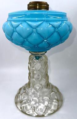 Antique Blue Cased Glass QUILT FLORETTE Kerosene Oil Stand Lamp Consolidated Pbg
