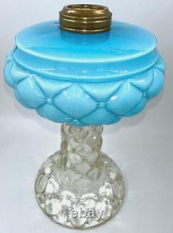 Antique Blue Cased Glass QUILT FLORETTE Kerosene Oil Stand Lamp Consolidated Pbg