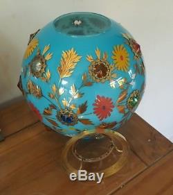 Antique Blue Cased Victorian Jewelled Gem Stone Glass Oil Lamp Shade Carrier Inc