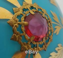 Antique Blue Cased Victorian Jewelled Gem Stone Glass Oil Lamp Shade Carrier Inc