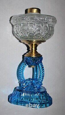 Antique Blue Cathedral Base Clear Honeycomb Font Oil Lamp For #2 Burner