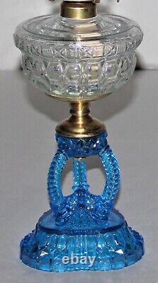 Antique Blue Cathedral Base Clear Honeycomb Font Oil Lamp For #2 Burner