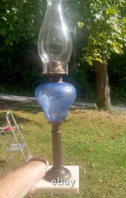 Antique Blue Cut Overlay Grapes Marble Base Oil Lamp With Burner & Chimney