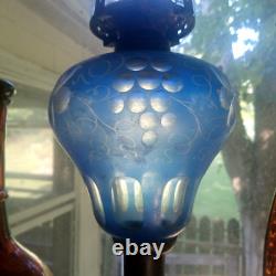 Antique Blue Cut Overlay Grapes Marble Base Oil Lamp With Burner & Chimney