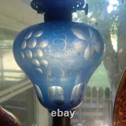 Antique Blue Cut Overlay Grapes Marble Base Oil Lamp With Burner & Chimney