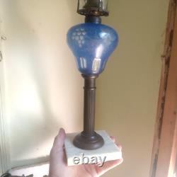 Antique Blue Cut Overlay Grapes Marble Base Oil Lamp With Burner & Chimney