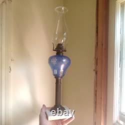 Antique Blue Cut Overlay Grapes Marble Base Oil Lamp With Burner & Chimney
