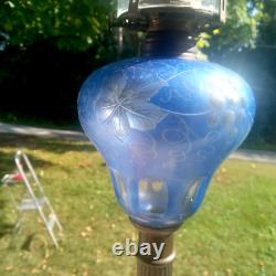 Antique Blue Cut Overlay Grapes Marble Base Oil Lamp With Burner & Chimney