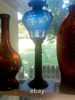 Antique Blue Cut Overlay Grapes Marble Base Oil Lamp With Burner & Chimney