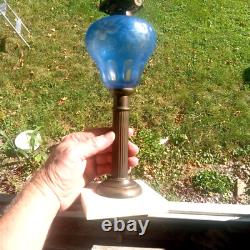 Antique Blue Cut Overlay Grapes Marble Base Oil Lamp With Burner & Chimney