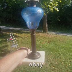 Antique Blue Cut Overlay Grapes Marble Base Oil Lamp With Burner & Chimney