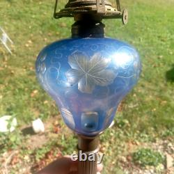Antique Blue Cut Overlay Grapes Marble Base Oil Lamp With Burner & Chimney