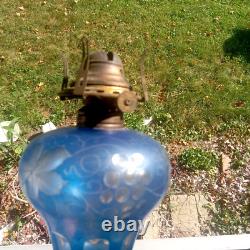 Antique Blue Cut Overlay Grapes Marble Base Oil Lamp With Burner & Chimney