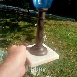 Antique Blue Cut Overlay Grapes Marble Base Oil Lamp With Burner & Chimney
