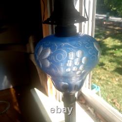 Antique Blue Cut Overlay Grapes Marble Base Oil Lamp With Burner & Chimney