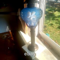 Antique Blue Cut Overlay Grapes Marble Base Oil Lamp With Burner & Chimney