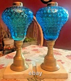 Antique Blue Fenton Glass Marble & Brass Oil Lamps 13