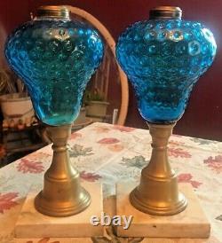 Antique Blue Fenton Glass Marble & Brass Oil Lamps 13