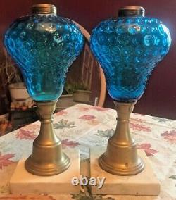 Antique Blue Fenton Glass Marble & Brass Oil Lamps 13