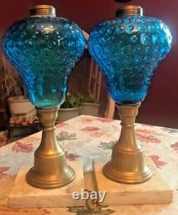 Antique Blue Fenton Glass Marble & Brass Oil Lamps 13