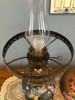 Antique Blue Floral Electrified Oil Lamp