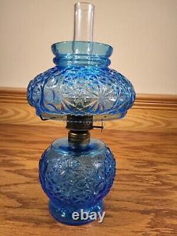 Antique Blue Glass Daisy & Button Miniature Oil Lamp