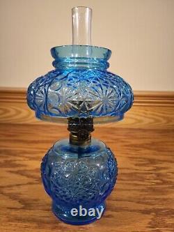 Antique Blue Glass Daisy & Button Miniature Oil Lamp