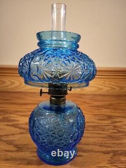 Antique Blue Glass Daisy & Button Miniature Oil Lamp