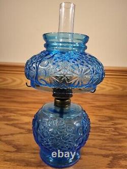 Antique Blue Glass Daisy & Button Miniature Oil Lamp