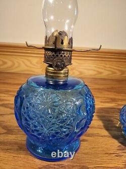 Antique Blue Glass Daisy & Button Miniature Oil Lamp